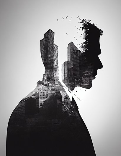 Silueta de un empresario con rascacielos integrados en su interior, simbolizando una visión estratégica y el futuro del desarrollo inmobiliario.