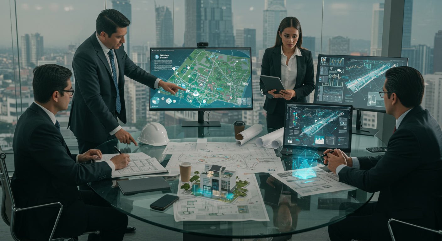 Equipo de expertos en bienes raíces analizando estrategias de inversión con mapas digitales en una oficina moderna con vista a la ciudad.