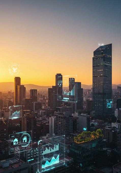 Vista panorámica de una ciudad con datos digitales proyectados sobre edificios, representando el análisis inmobiliario inteligente de Ubexia.